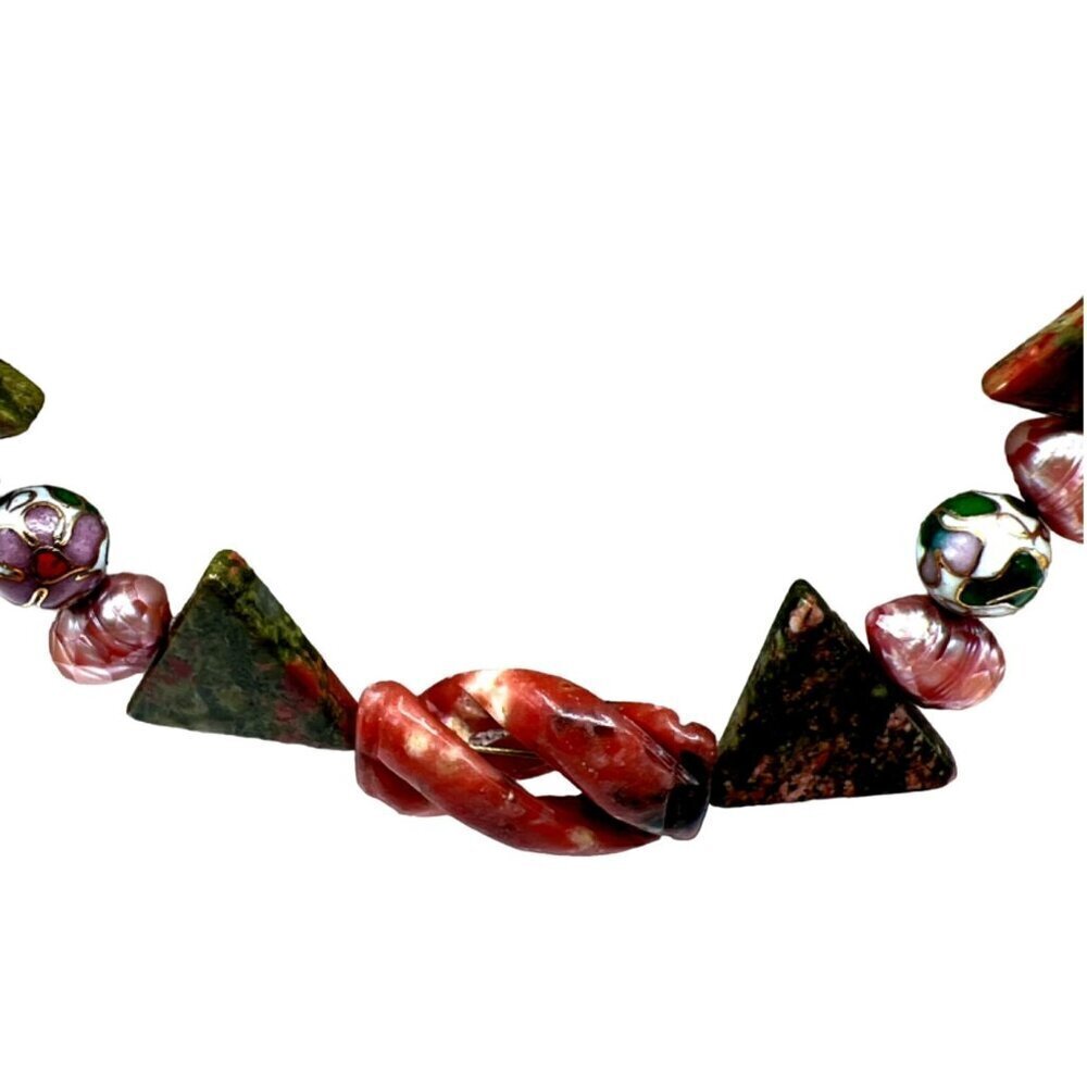 Handcrafted Unakite Pink Opal Pink Pearls & Cloisonné Beads Necklace. B50 - Picture 6 of 16
